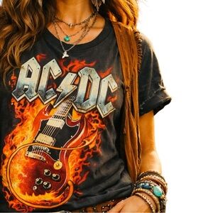 Liquid Blue AC/DC Flame Guitar Graphic Black Cotton Rock Biker T-shirt Large